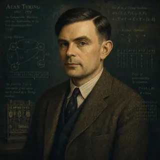 Стилизованный портрет: Алан Тьюринг. Фон и детали отсылают к области «информатика, логика, алгоритмы» и к формулам, связанным с его научной традицией.