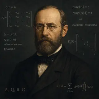 Стилизованный портрет Леопольда Кронекера на фоне матриц, ранговых условий и приглушенных формул линейной алгебры