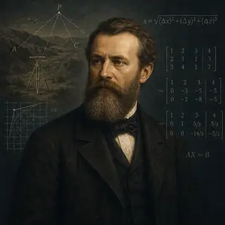 Стилизованный портрет Вильгельма Жордана с геодезической сеткой, матрицей приведенного ступенчатого вида и линиями измерений